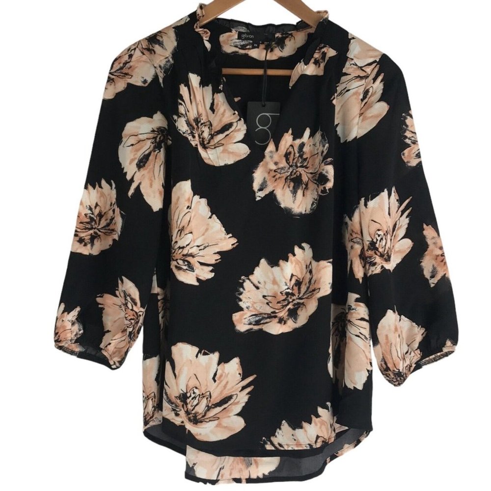 Gibson Blouse Floral Size XS V Neck Ruffle Black Pink Stretch NWT